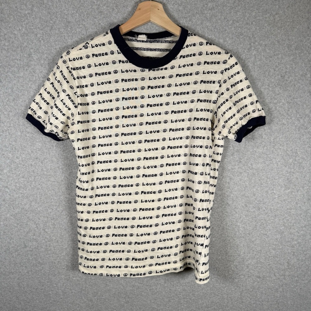 Vintage 1960s peace love knit ringer shirt womens small woodstock AOP